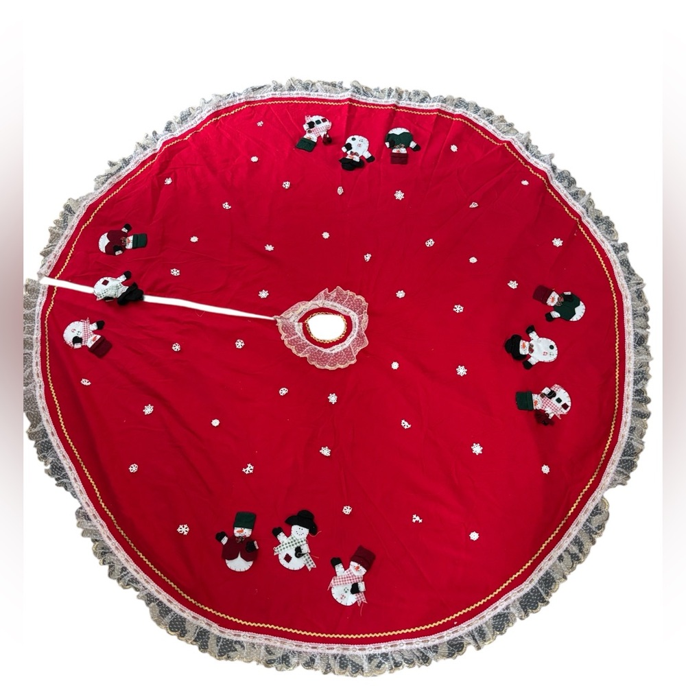 VTG Handmade Large 62” Round Tree Skirt Red/White Snowmen Lace & Rick Rack
